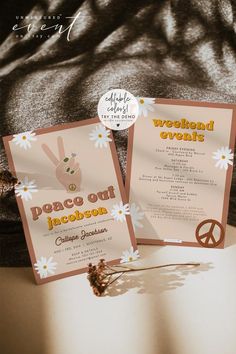 two pink flyers with white daisies on them and a peace sign in the middle