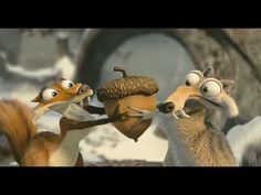 three cartoon animals are holding acorns in their paws and looking at each other