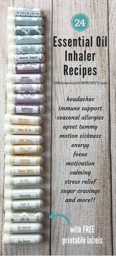 24 Essential Oil Inhaler Recipes {FREE Printable Labels} - One Essential Community Recipes For Allergies, Essential Oil Inhaler, Making Essential Oils, Oil Remedies, Diy Kosmetik, Yl Essential Oils, Labels Printables Free, Young Living Oils, Doterra Oils