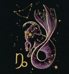 the zodiac sign is depicted on a black background with gold stars and a purple dragon