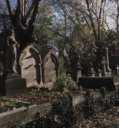 a cemetery with headstones and trees in the background