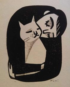 a black and white drawing of a cat with its head on the back of a person's shoulder