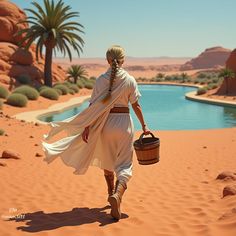 a woman walking in the desert carrying a basket and looking out over a pool of water