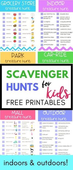 a printable scavenger hunt for kids with the words, free printables and