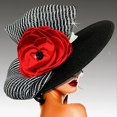 Stunning Black And White Striped Wide Brim Red Flower Hat, Perfect For The Kentucky Derby, Church Events, Or Tea Parties. This Gorgeous, Timeless, Sophisticated Couture Hat Is Designed To Turn Heads And Make A Statement, Adding A Touch Of Glamour And Elegance To Any Ensemble. Classic Tradition With A Modern Twist, This Work Of Art Is The Epitome Of Grace And Sophistication! Crazy Kentucky Derby Hats, Stylish Womens Hats, Special Occasion Hats, Tea Hats, Occasion Hats, Couture Hats, Mode Turban