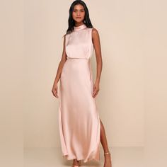 Side Slits And Hidden Back Zipper. Unlined. Approximately 58 Inches Shoulder To Hem. Blush Color. 96% Polyester, 4% Spandex. Feel Like The Queen That You Are In The Lulus Classic Elegance Blush Satin Sleeveless Mock Neck Maxi Dress! Luxe Woven Satin, In A Peachy-Toned Blush Shade, Shapes This Gorgeous Dress That Has A Mock Neckline And A Sleeveless Bodice With Gathered Fabric Detailing. An Elasticized Waist Tops A Stunning Maxi Skirt Complete With Twin Side Slits. Keyhole Opening And Double Butt Blush Long Dress, Satin Bridesmaid Dresses Pink, Mauve Wedding Guest Dress, Classic Wedding Guest Outfit, Blush Pink Satin Bridesmaid Dresses, Light Pink Wedding Guest Dress, Elegant Blush Cocktail Dress, Mother Of The Bride Dresses Pink, Pink Champagne Bridesmaid Dresses