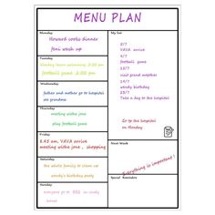 a menu with the words menu plan written in pink and purple ink on white paper