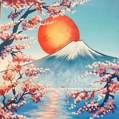 a painting of a mountain with cherry blossoms on it