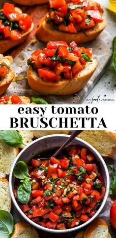 easy tomato bruschetta with basil leaves and sliced bread