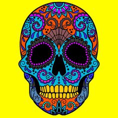 a colorful sugar skull on a yellow background