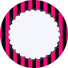 a pink and black striped background with a white circle in the center that has a scalloped edge