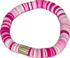 a pink and white striped bracelet with gold accents on the clasp, against a white background