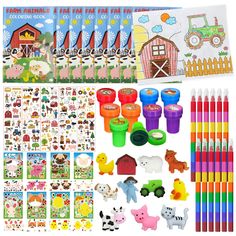 children's farm animals and farm animal stickers, pens, markers, pencils