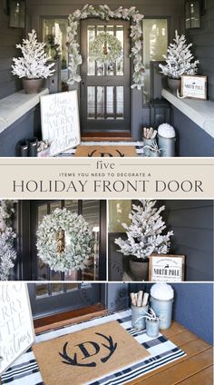 the front door is decorated with wreaths and holiday decorations