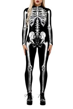 a woman is wearing a skeleton costume and posing for the camera with her hands on her hips