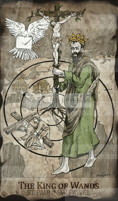 the king of wands is depicted in an old style poster with angels and jesus on it