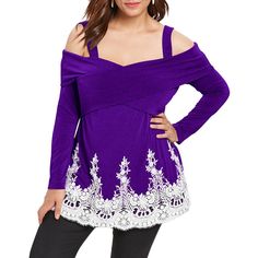 Plus Size Cold Shoulder Front Criss Cross Applique T-shirt - Purple Flower - 3586777748 - Women's Clothing, Plus Size Women's Clothing  #PlusSizeWomensClothing #Women's #Clothing # #Plus #Size #Women's #Clothing Cross Applique, Rayon Shirt, Cold Shoulder Blouse, Trendy Plus Size Clothing, Purple Lace, Plus Size Womens Clothing, Fashion Seasons, Purple Flower, Plus Size Blouses