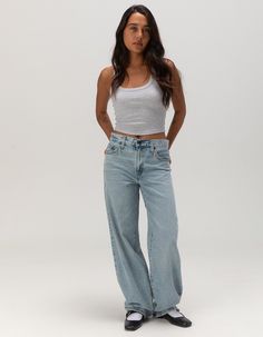 Levi's Premium Baggy Dad Jeans. The Kind Of Jeans You Might Steal From Your Dad's Closet—but Baggier. With A Mid Rise And Straight Leg, Our Baggy Dad Jeans Are Relaxed Yet Flattering With Extra Room For A Subtle Edge. Throw On Your Favorite Kicks For That Chill ‘90s Look Any Day Of The Week. Featured In A Mid Rise With A Straight Leg. Roomy And Slouchy Through The Hip And Thigh. Designed To Stack At The Hem. Straight Leg. Non-Stretch. Zip Fly. 5-Pocket Styling. Inseam: 30", Leg Opening: 17 1/4", Collages Outfit, Best Baggy Jeans, Levis Dad Jeans, Light Wash Flare Jeans, Flare Jeans Outfit, Low Rise Baggy Jeans, Wwe T Shirts, Flannel Sweatshirt, 90s Looks