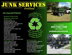 a brochure for junk services in portland, or with images of trucks and trash cans