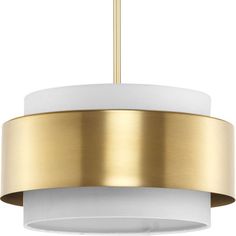 a gold and white light fixture with a round shade on the bottom, hanging from a brass rod