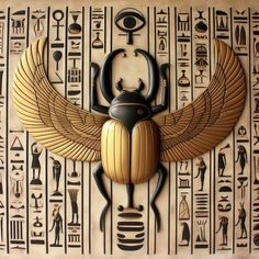 an egyptian bug with wings and symbols on it's body is mounted to the wall