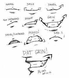 a drawing of different facial expressions on a sheet of paper with the caption's description below