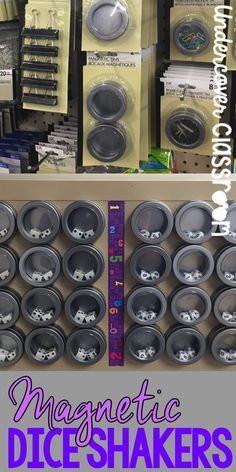 there are many different types of dice shakers in this display case with the words magnetic dice shakers on it