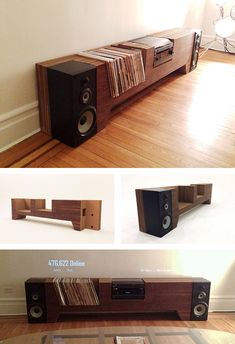 there are many different types of speakers on the shelf in this room, and one is made out of wood