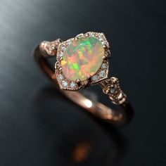 Fire Opal Engagement Ring, Rose Gold Halo Engagement Ring, Rings Opal, Engagement Ring Halo, Vintage Inspired Engagement Rings, Opal Wedding, Opal Engagement Ring, Engagement Rings Vintage Halo, Ring Halo