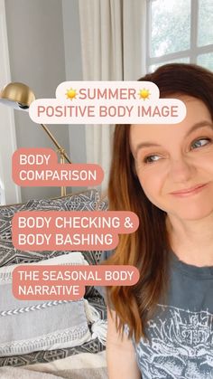 a woman sitting on top of a bed with the words summer positive body image above her head