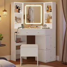 a white vanity with lighted mirror, stool and lights on the top shelf next to it