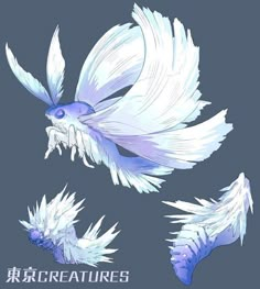 some white feathers with blue eyes and one has long, thin tail like hair that is blowing in the wind