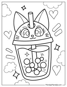 a coloring page with a cat in a blender and hearts on the floor behind it