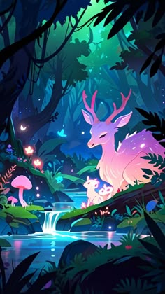 an animated forest scene with deers and mushrooms