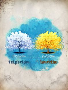 two trees with different colors and names on them, one is yellow and the other is blue