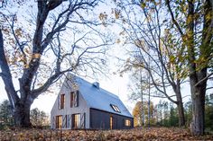 the house is surrounded by trees and leaves