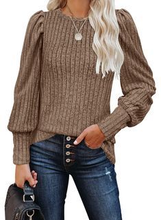 Puff Long Sleeve Top, Lantern Sleeve Top, Womens Tops Dressy, Casual Long Sleeve Shirts, Puff Long Sleeves, Sleeves Clothing, Ruffled Sleeves, Knitted Pullover Sweaters, Dressy Casual