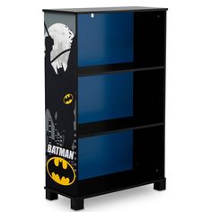 the batman bookcase is black and blue