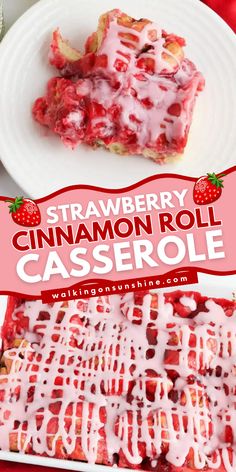 This easy strawberry cinnamon roll casserole recipe is a perfect Mother's Day brunch idea. A soft and sweet dessert filled with strawberry-flavored cream cheese icing and canned strawberry pie filling. Save this recipe for a delicious recipe for all the occasions! Strawberry Cinnamon Roll Casserole, Cinnamon Roll Casserole With Fruit, Cinnamon Rolls Pie, Canned Strawberry Pie Filling, Strawberry Cinnamon Roll, Breakfast List, Dessert Casserole, Overnight Cinnamon Rolls Recipe, Cinnamon Roll Casserole Recipe