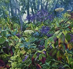 an oil painting of purple flowers and green leaves in the foreground with trees in the background