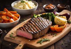 a steak, potatoes and carrots on a cutting board next to other food items