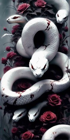 a white snake with blood on its body and roses around it