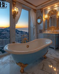 a bathroom with a large bathtub in front of a window and a view of the city