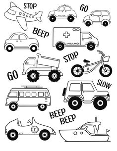 a black and white poster with different types of vehicles