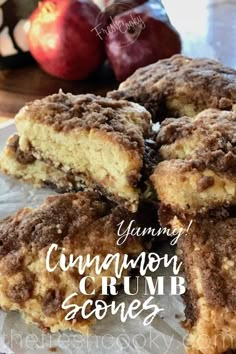 cinnamon crumb scones on a plate with apples in the background