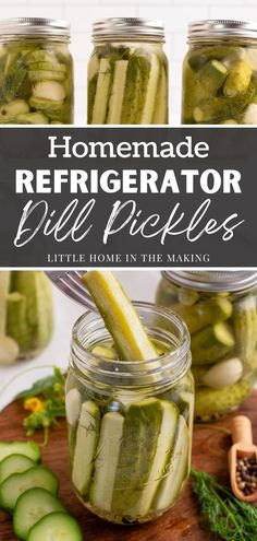 homemade refrigerator dill pickles in jars on a cutting board with cucumbers