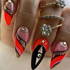 Design Black Gold, Long Stiletto, Eyeshadow Set, Nagel Tips, Nail Type, Nails Set, Red Ombre, Nail Length, Nail Supplies