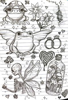 some drawings on lined paper with hearts, flowers and other things to draw in it