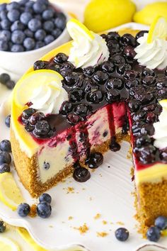 a cheesecake with blueberries, lemons and whipped cream