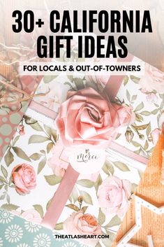 Close-up of a gift wrapped in floral paper with a pink ribbon, and with the text overlay, "30+ California Gift Ideas." Moving To California Party, Hotel California Keychain, Goft Ideas, New York Souvenirs Gift, Florida Souvenirs, Gift Ideas For Anyone